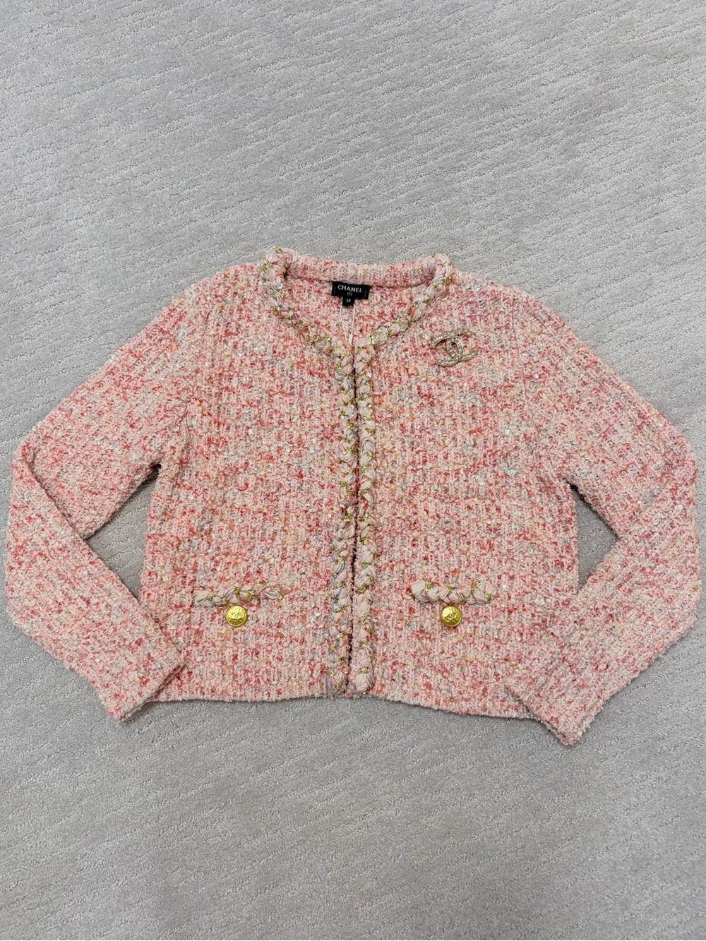 Chanel Pink Tweed Jacket with Gold Brooch Size S